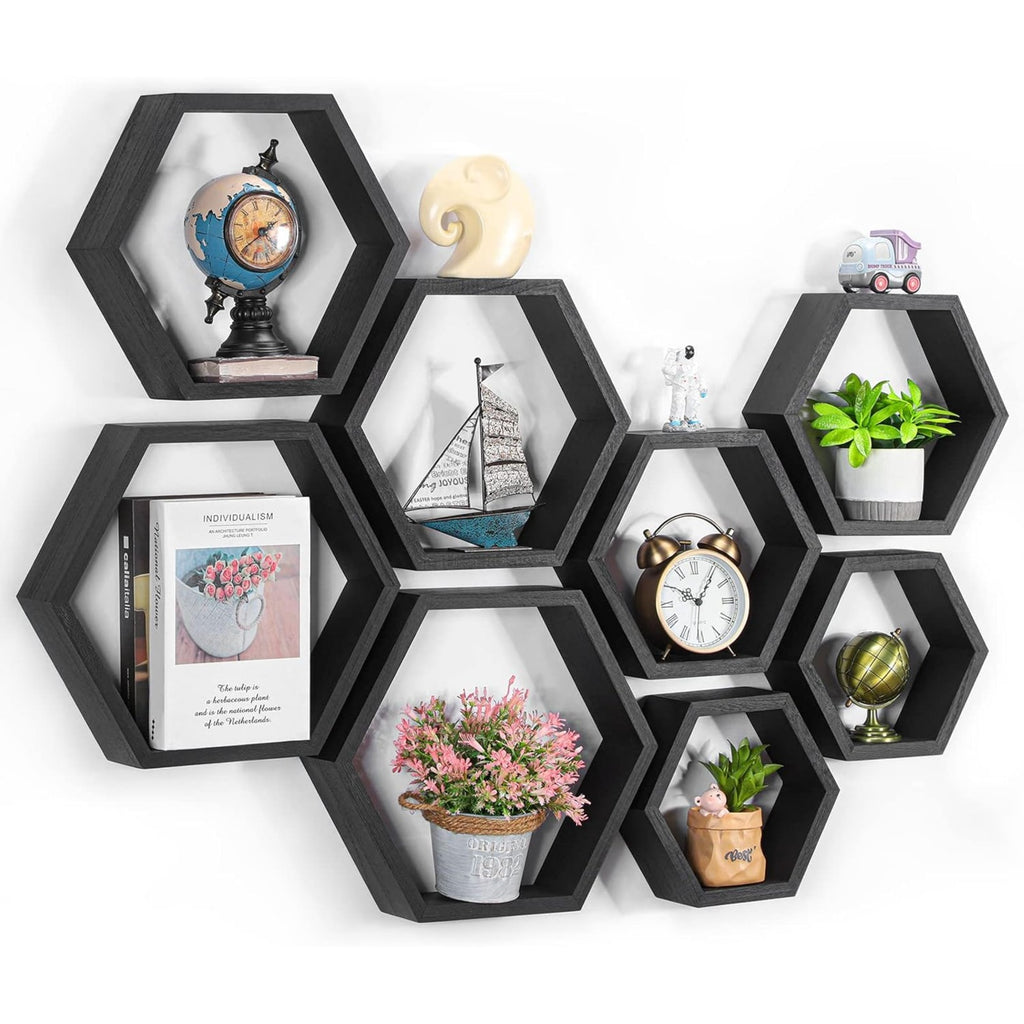 Set of 6 Black Hexagon Floating Shelves - Rustic Wood Honeycomb Wall Mounted Home Decor Storage