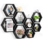 Set of 6 Black Hexagon Floating Shelves - Rustic Wood Honeycomb Wall Mounted Home Decor Storage