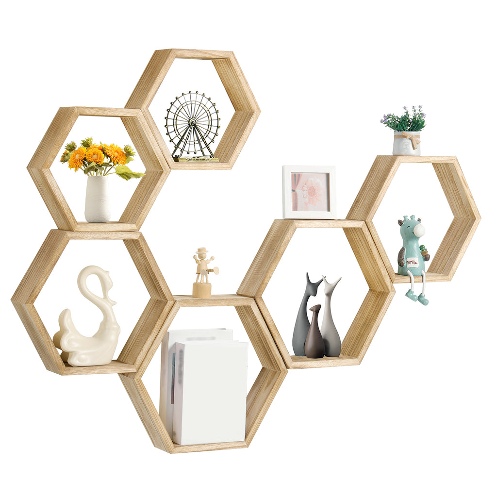 Set of 6 Black Hexagon Floating Shelves - Rustic Wood Honeycomb Wall Mounted Home Decor Storage