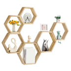 Set of 6 Black Hexagon Floating Shelves - Rustic Wood Honeycomb Wall Mounted Home Decor Storage