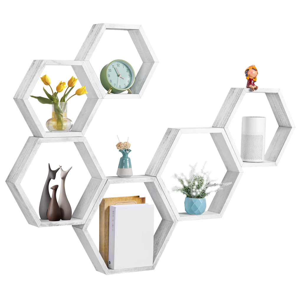 Set of 6 Black Hexagon Floating Shelves - Rustic Wood Honeycomb Wall Mounted Home Decor Storage