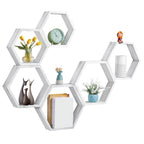Set of 6 Black Hexagon Floating Shelves - Rustic Wood Honeycomb Wall Mounted Home Decor Storage
