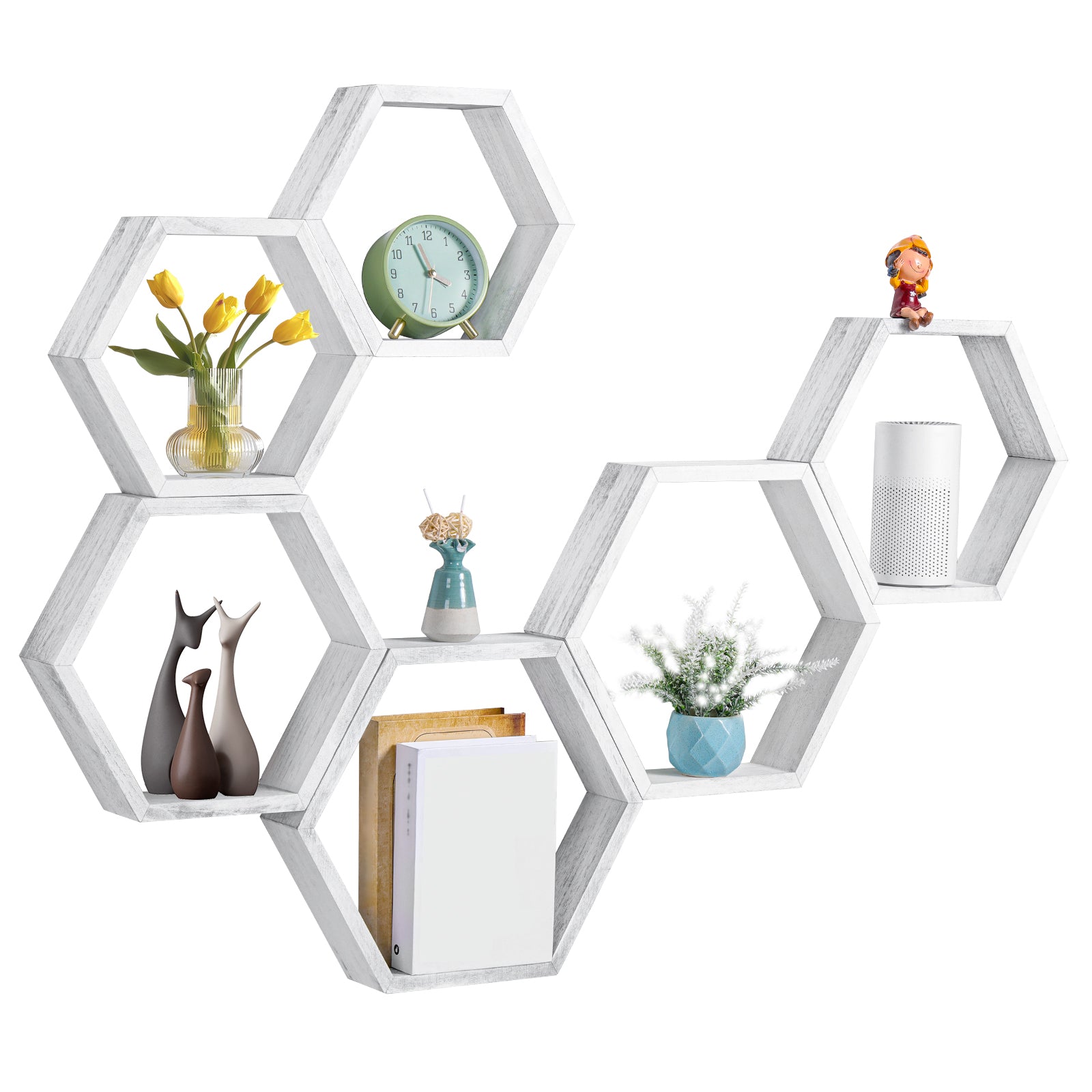 Set of 6 Black Hexagon Floating Shelves - Rustic Wood Honeycomb Wall Mounted Home Decor Storage