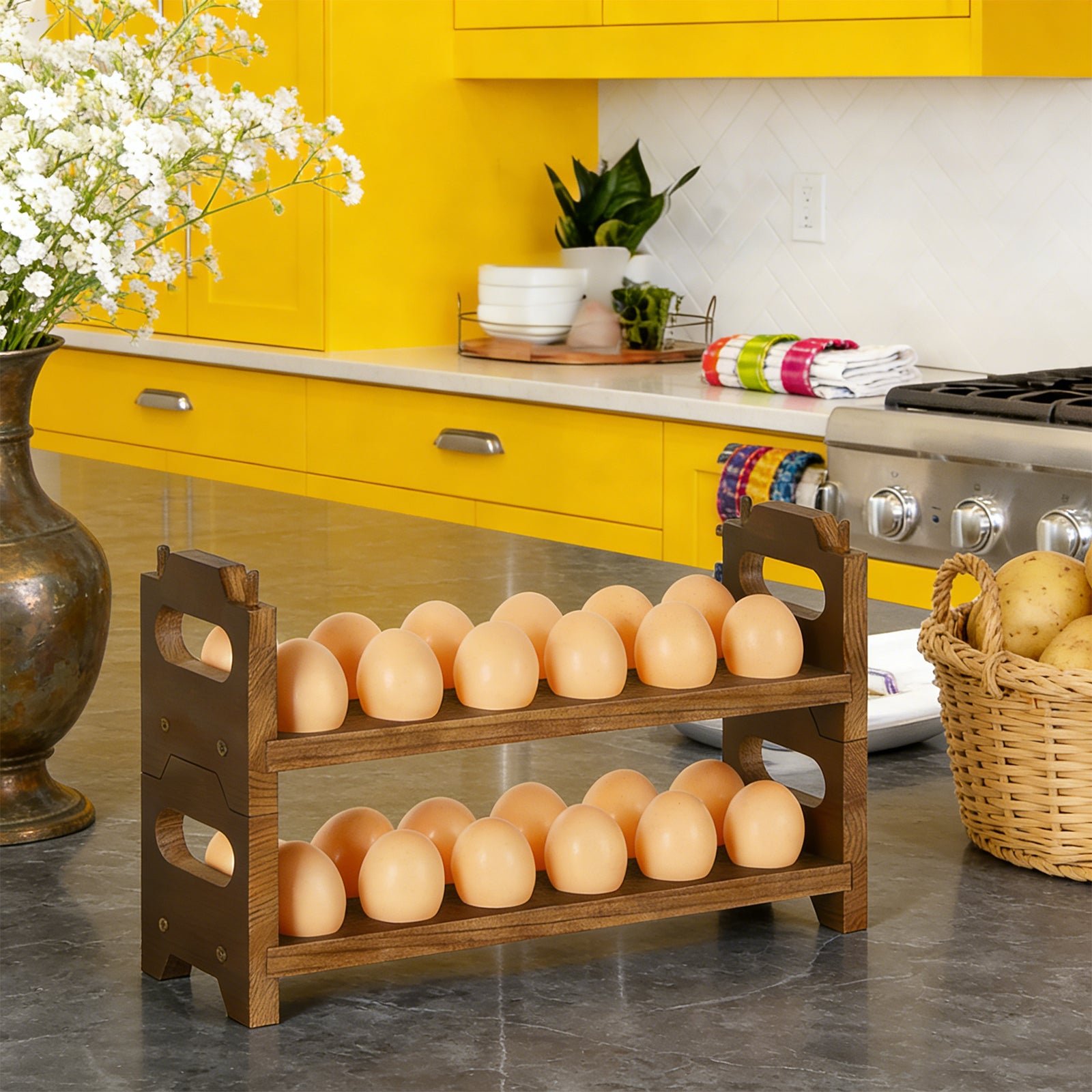 2-Tier Wooden Egg Holder for Countertop - Stackable Fresh Egg Storage Rack - Rustic Farmhouse Kitchen Organizer for up to 24 Eggs