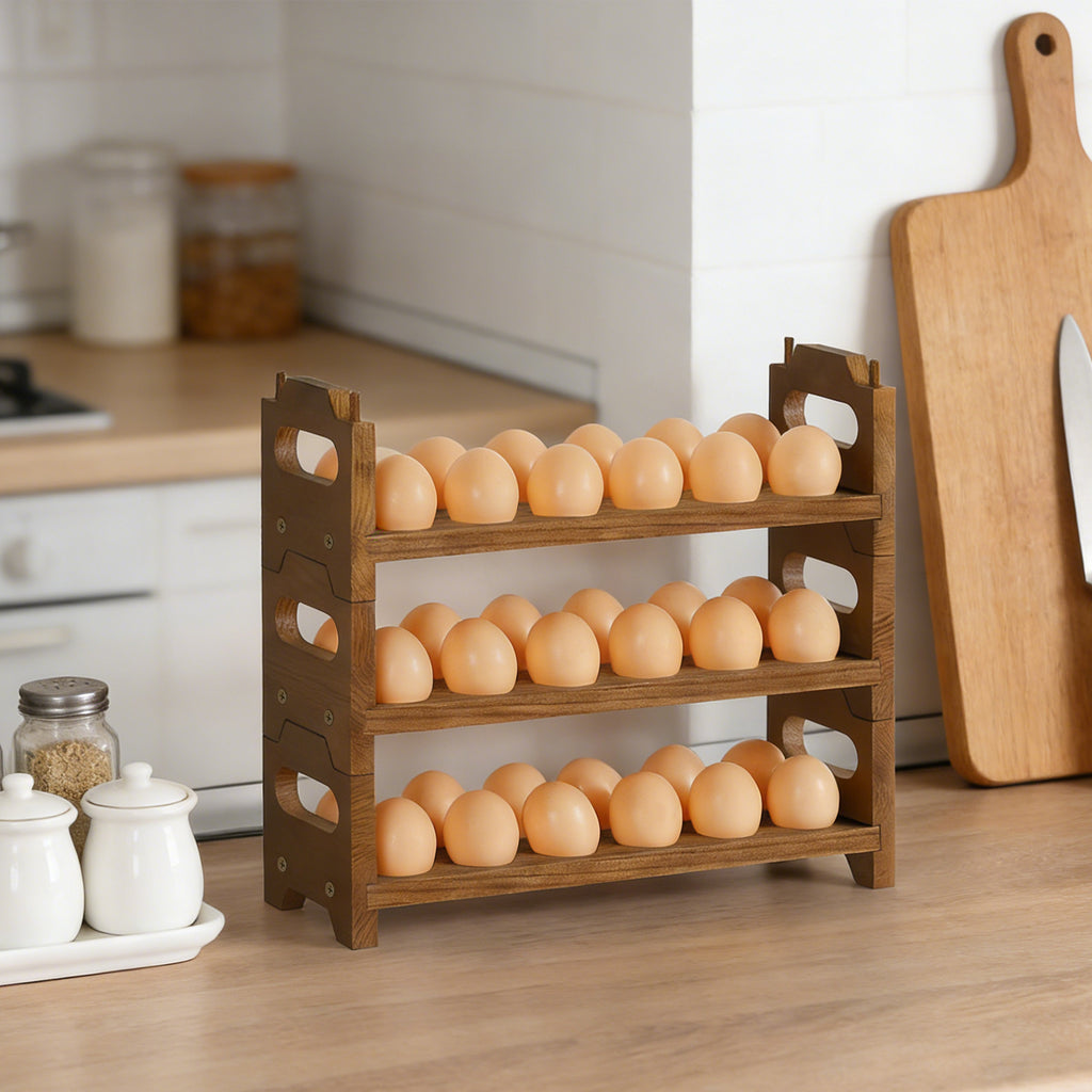 2-Tier Wooden Egg Holder for Countertop - Stackable Fresh Egg Storage Rack - Rustic Farmhouse Kitchen Organizer for up to 24 Eggs