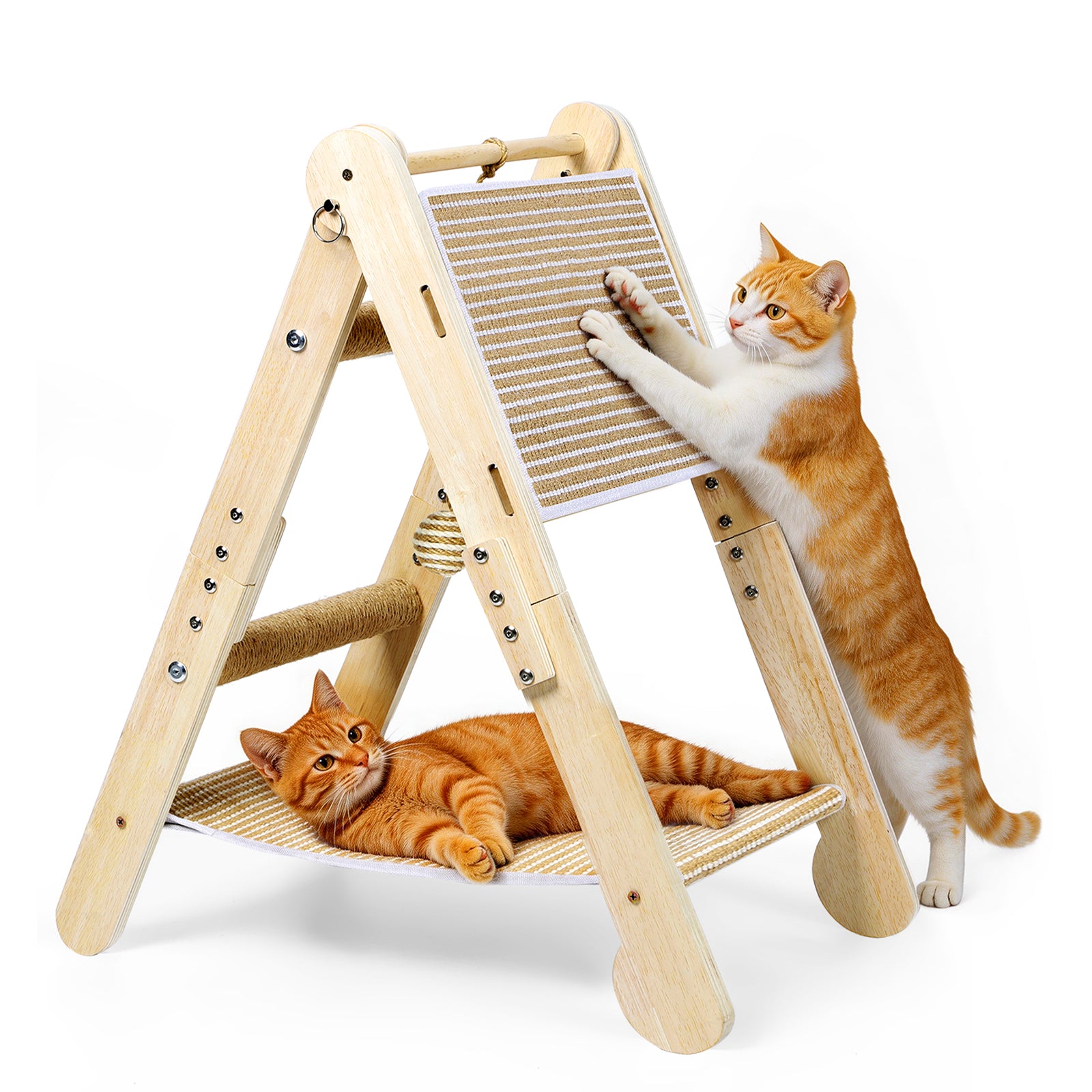 Wooden Cat Scratcher Hammock with Sisal Pad, 2-in-1 Cat Scratching Post & Bed for Indoor Cats, Adjustable Cat Scratcher Lounge