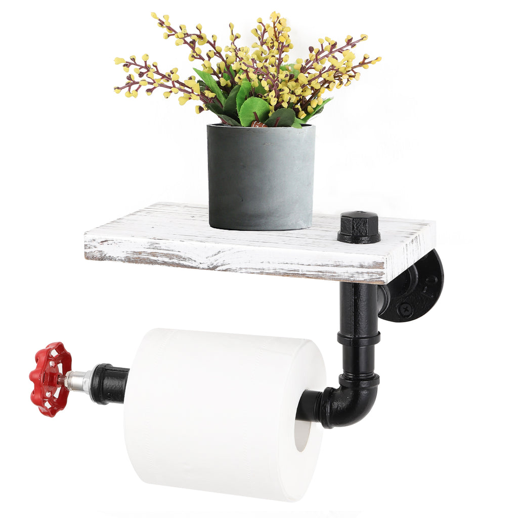 Industrial Pipe Toilet Paper Holder with Shelf - Wall-Mounted Rustic Wood Bathroom Organizer - Heavy-Duty Steampunk Tissue Rack