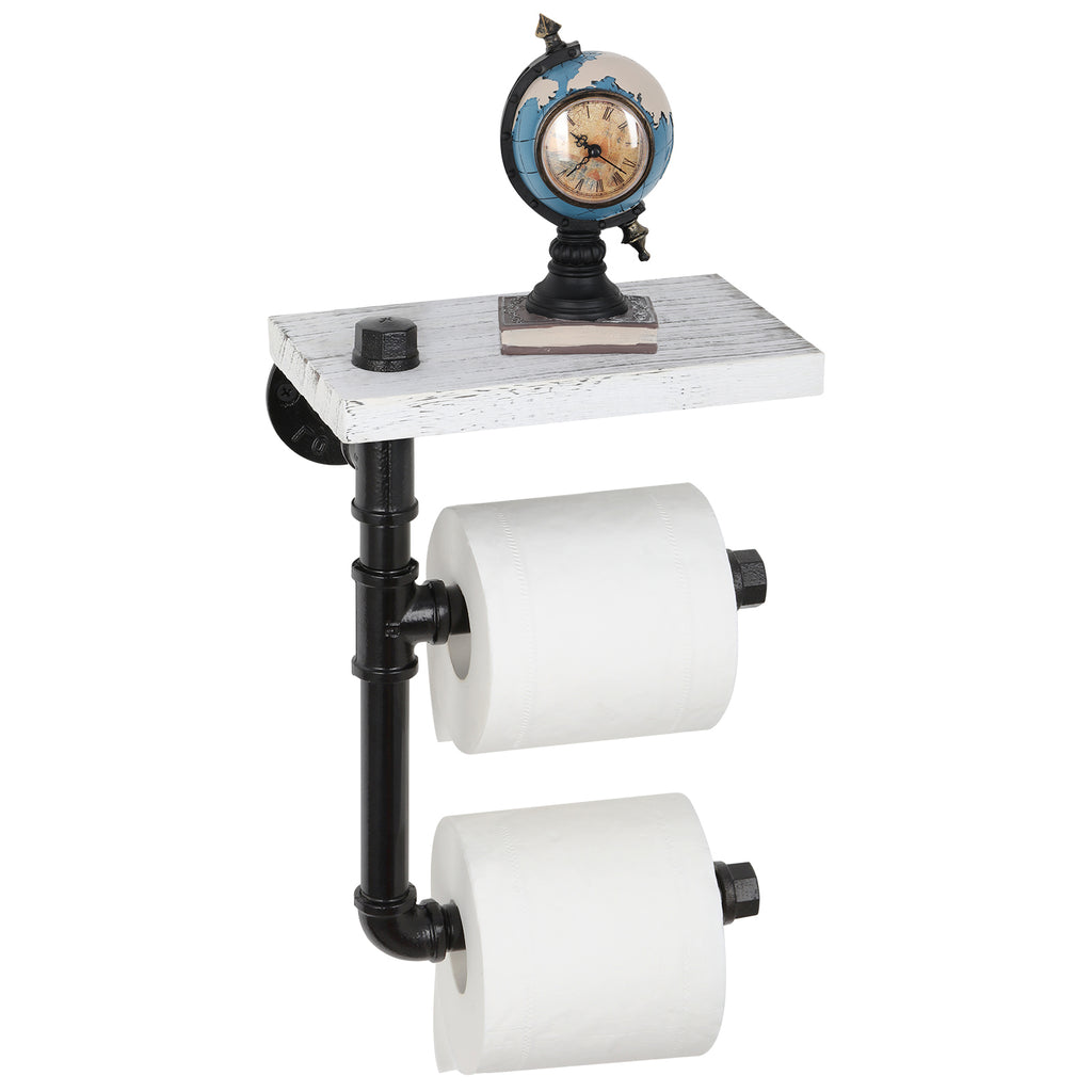 Double Roll Industrial Toilet Paper Holder with Shelf - Wall-Mounted Vertical Tissue Dispenser - Rustic Wood & Pipe Bathroom Storage Rack
