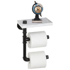 Double Roll Industrial Toilet Paper Holder with Shelf - Wall-Mounted Vertical Tissue Dispenser - Rustic Wood & Pipe Bathroom Storage Rack