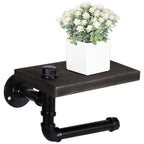 Rustic Industrial Pipe Toilet Paper Hanger with Wood Shelf - Wall-Mounted Black Iron Tissue Holder - Vintage Bathroom & Kitchen Storage