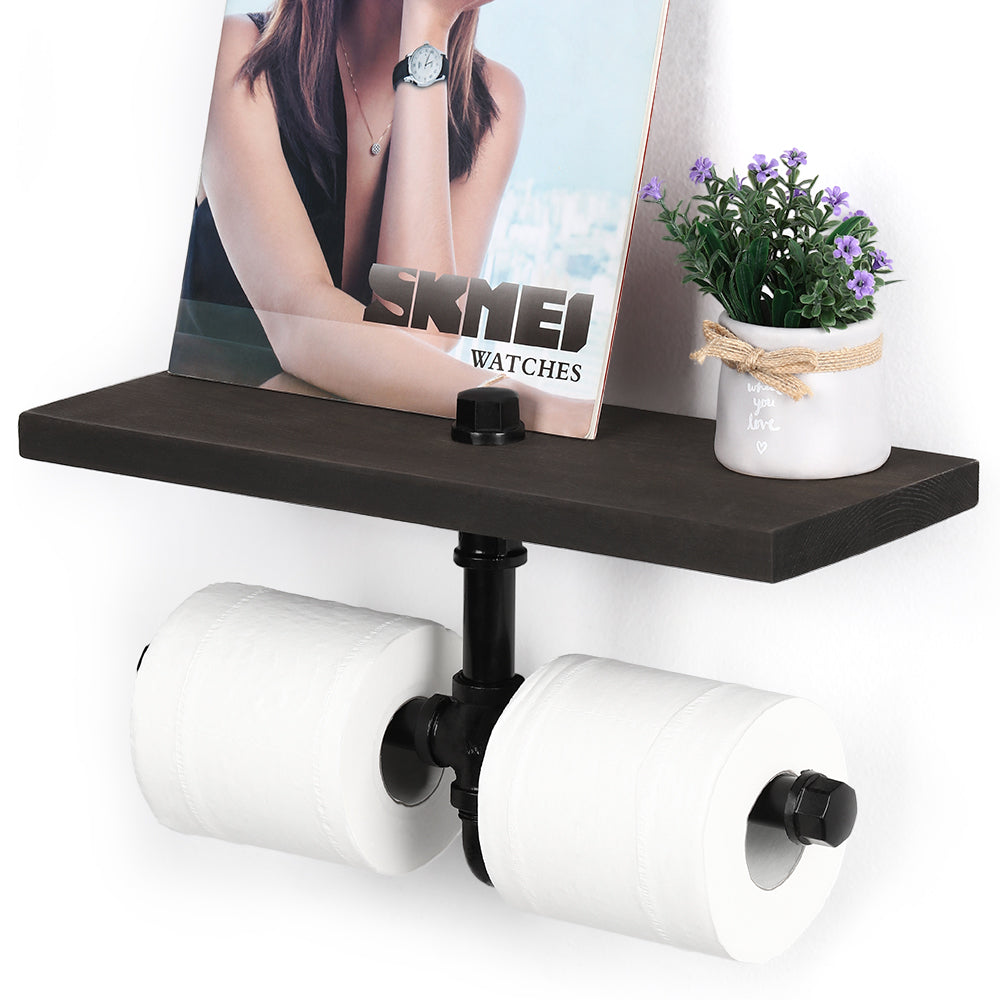 24-Inch Wide Industrial Pipe Toilet Paper Holder with Large Shelf - Wall-Mounted Rustic Wood Tissue Rack - Heavy Duty Double Roll Organizer