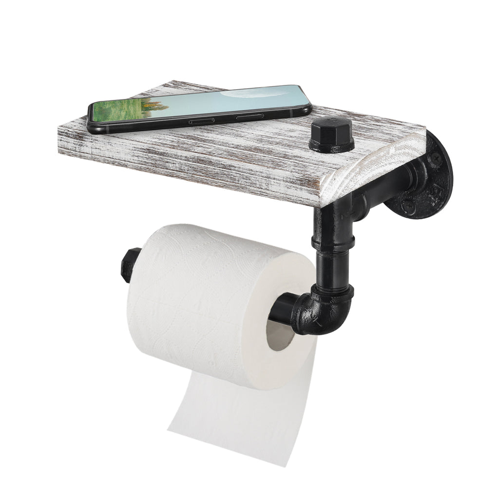 Rustic Whitewashed Wood Industrial Pipe Toilet Paper Holder-Wall-Mounted Tissue Dispenser with Shelf.