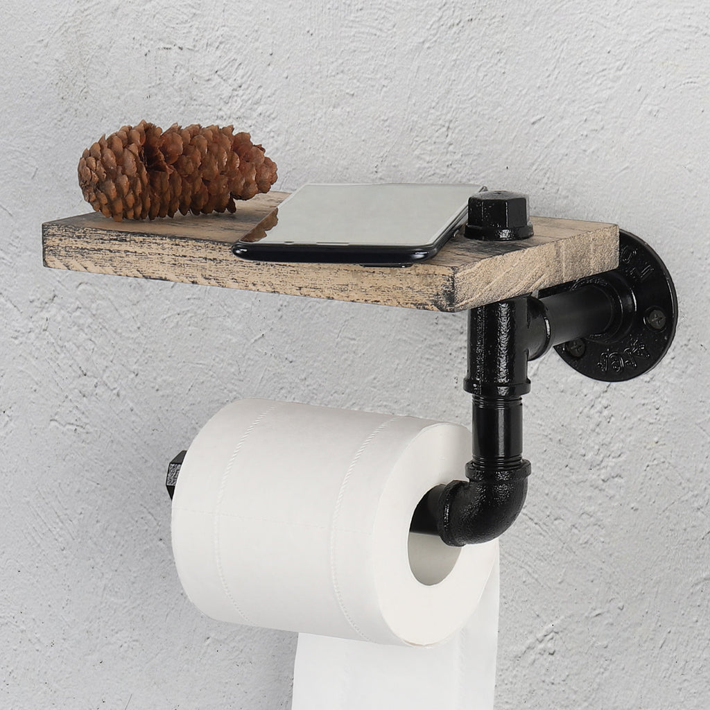 Industrial Pipe Toilet Paper Holder with Natural Wood Shelf， Wall-Mounted Retro Bathroom Tissue Rack.