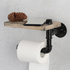 Industrial Pipe Toilet Paper Holder with Natural Wood Shelf， Wall-Mounted Retro Bathroom Tissue Rack.