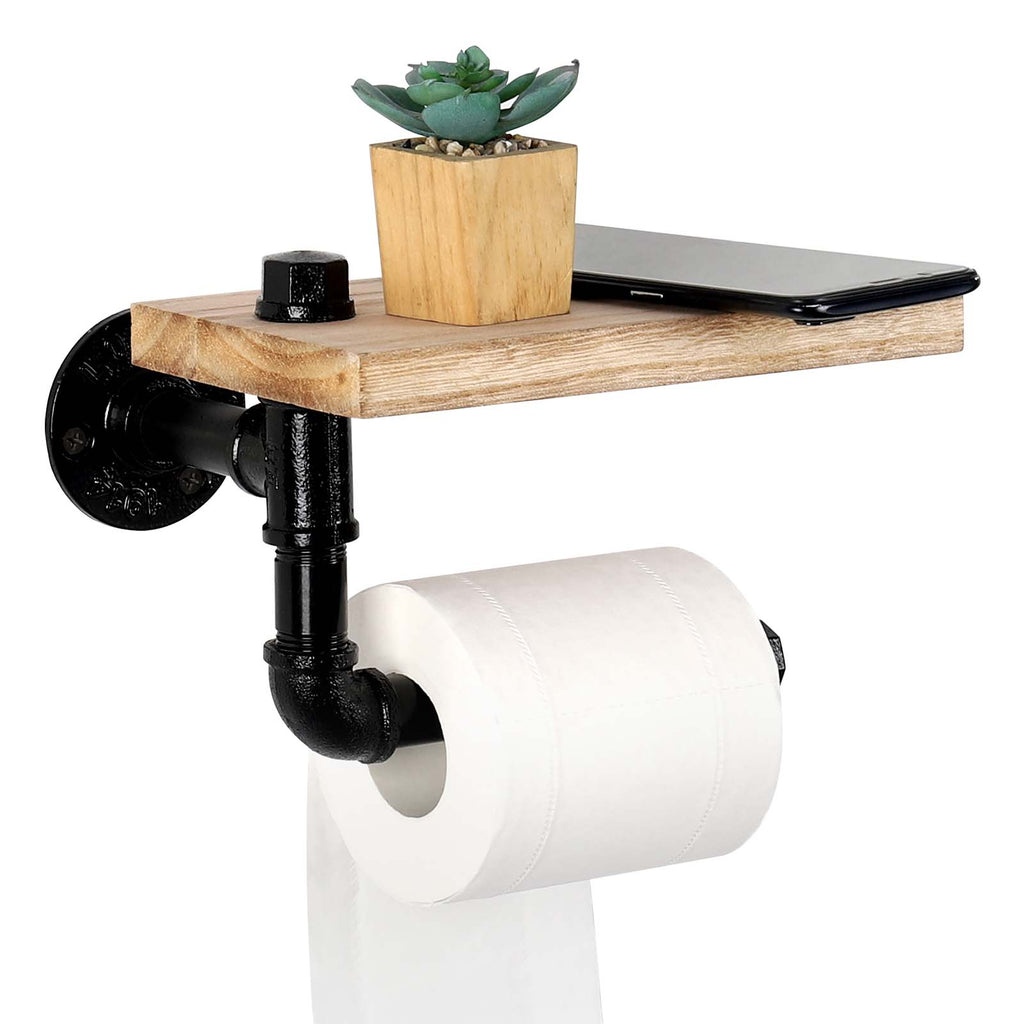 Industrial Cast Iron Pipe Tissue Holder with Rustic Wood Shelf， Wall-Mounted Decorative Bathroom Rack.