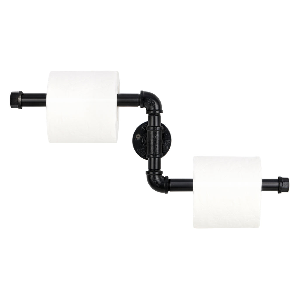 Stepped Industrial Pipe Double Toilet Paper Holder，Heavy-Duty Cast Iron Wall-Mounted Dual Tissue Rack.