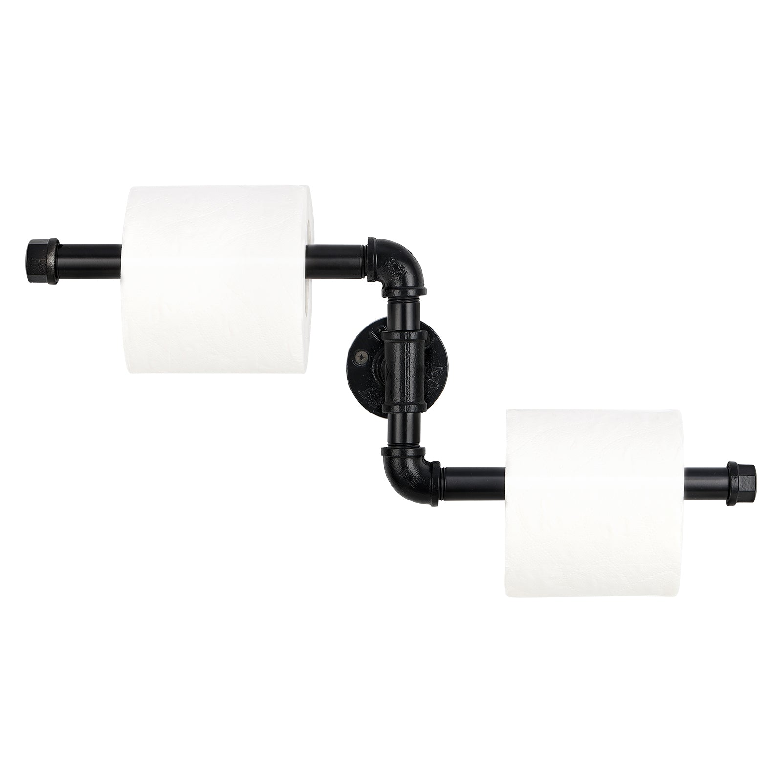 Stepped Industrial Pipe Double Toilet Paper Holder，Heavy-Duty Cast Iron Wall-Mounted Dual Tissue Rack.