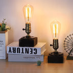 Vintage Steampunk Table Lamp Set (Set of 2)?¡ª Antique Edison Bulb Industrial Desk Lights with Wood Base.