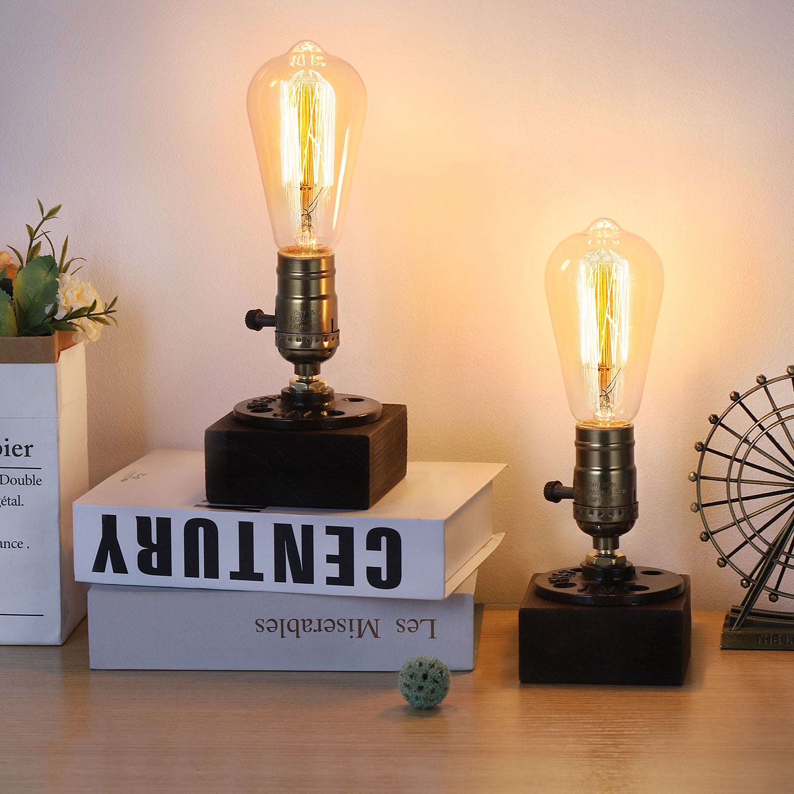 Vintage Steampunk Table Lamp Set (Set of 2)?¡ª Antique Edison Bulb Industrial Desk Lights with Wood Base.