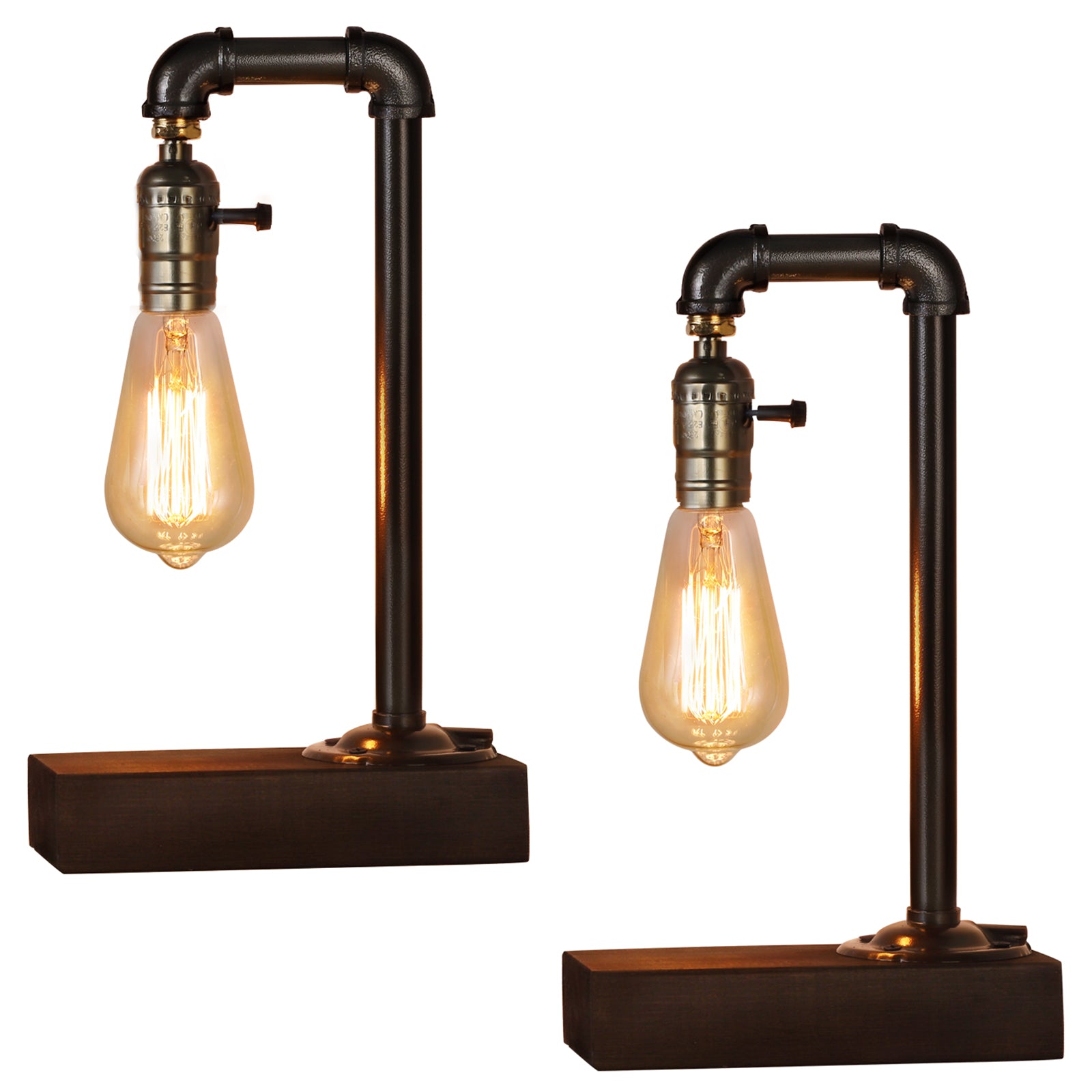 Industrial Arched Pipe Table Lamp Set with Wood Base (Set of 2)，Retro Steampunk Edison Desk Lights.