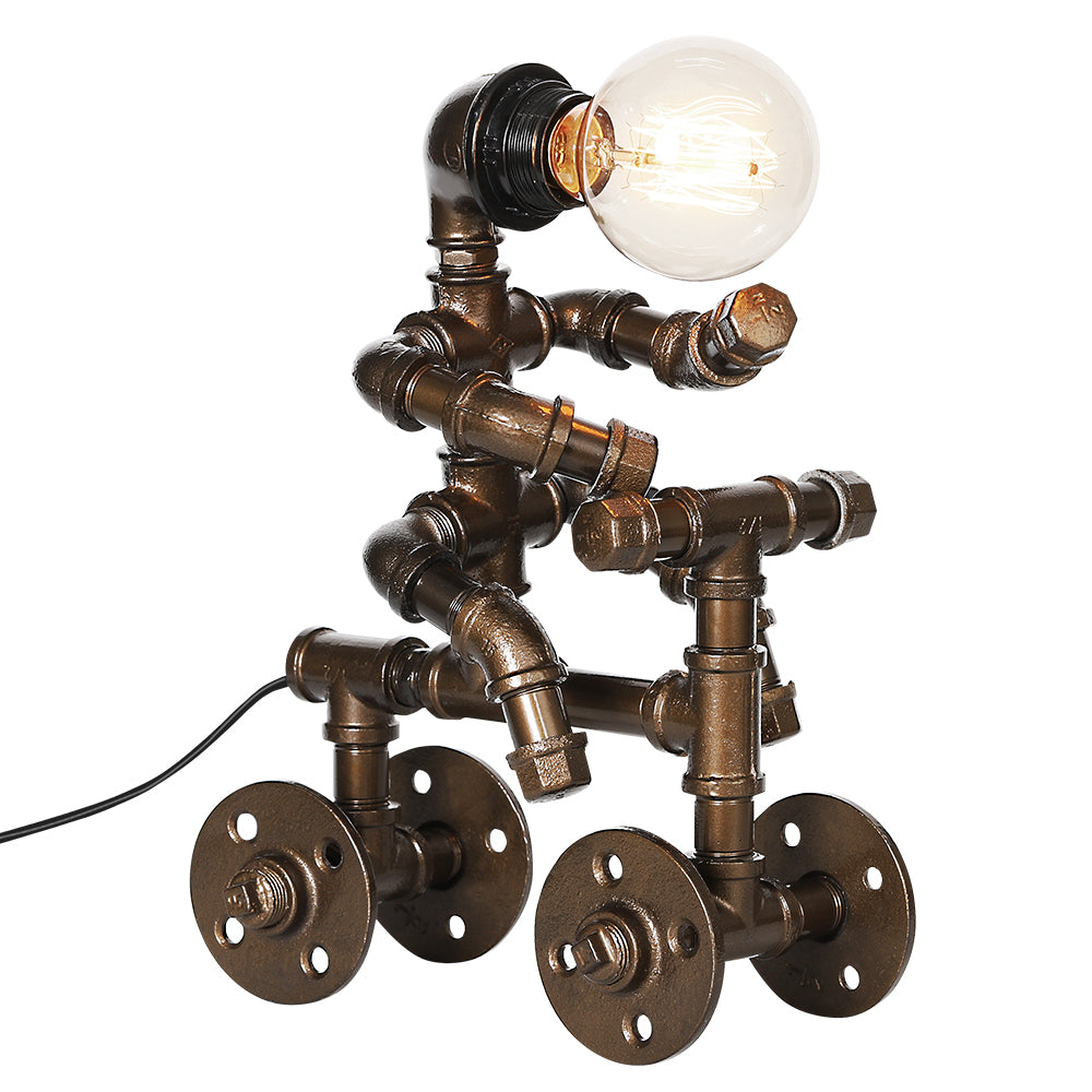 Creative Industrial Robot Lamp on Tricycle,Whimsical Steampunk Water Pipe Desk Lamp for Bar and Bedroom.