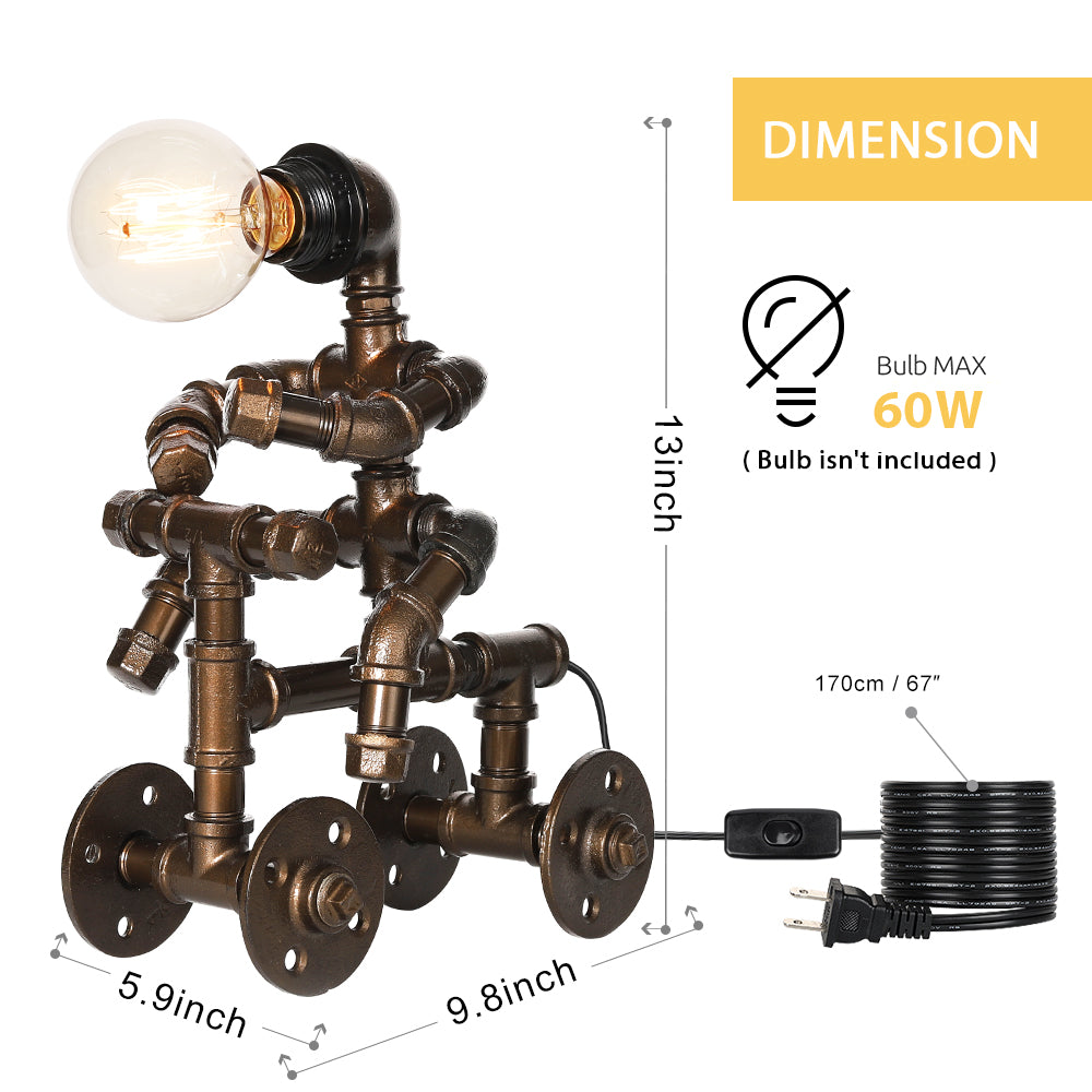 Creative Industrial Robot Lamp on Tricycle,Whimsical Steampunk Water Pipe Desk Lamp for Bar and Bedroom.