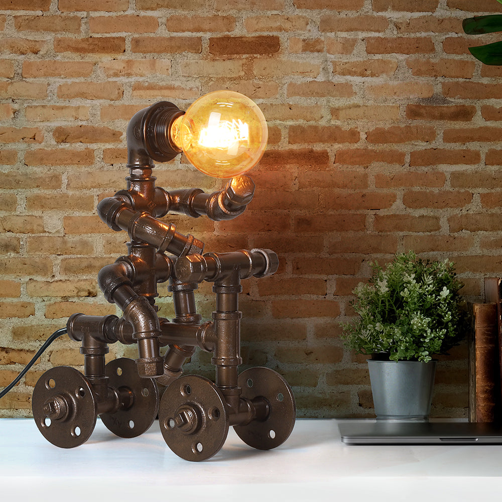 Creative Industrial Robot Lamp on Tricycle,Whimsical Steampunk Water Pipe Desk Lamp for Bar and Bedroom.