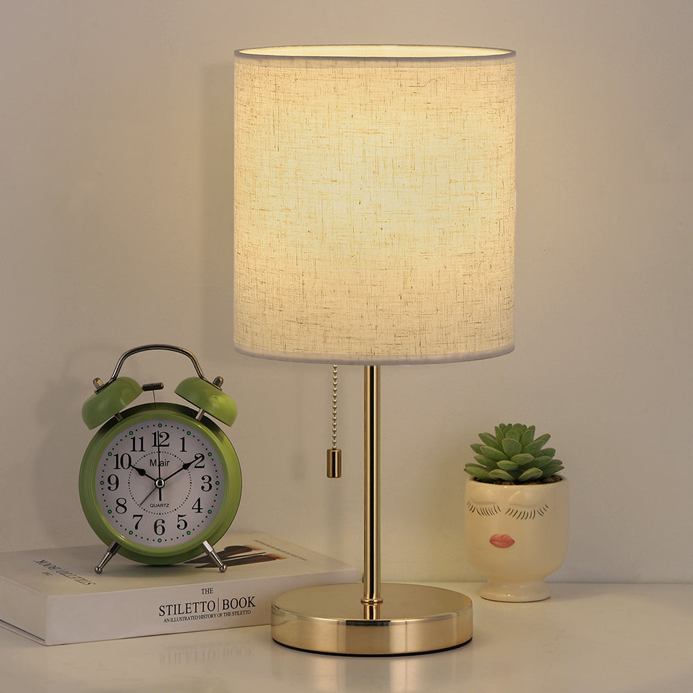 Modern Gold Bedside Lamp with Pull Chain — Elegant Nightstand Lamp with Linen Fabric Shade.