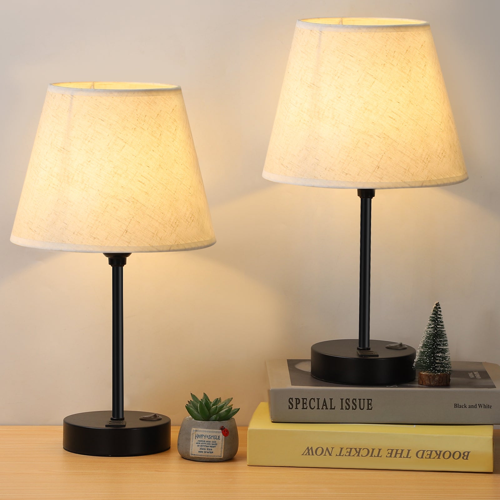 Set of 2 Bedside Table Lamps with USB Charging Ports, Modern Nightstand Desk Lamps with Linen Shade & Black Metal Base for Bedroom, Living Room, Office, Study Room