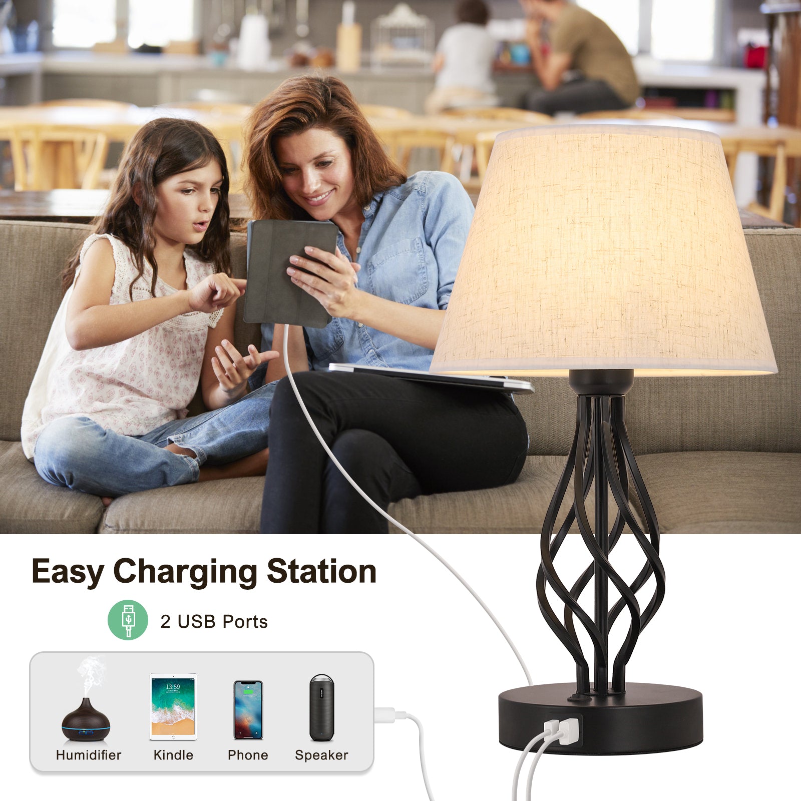 Modern Wrought Iron Scroll USB Table Lamps (Set of 2)，Spiral Base Bedside Lights for Living Room.