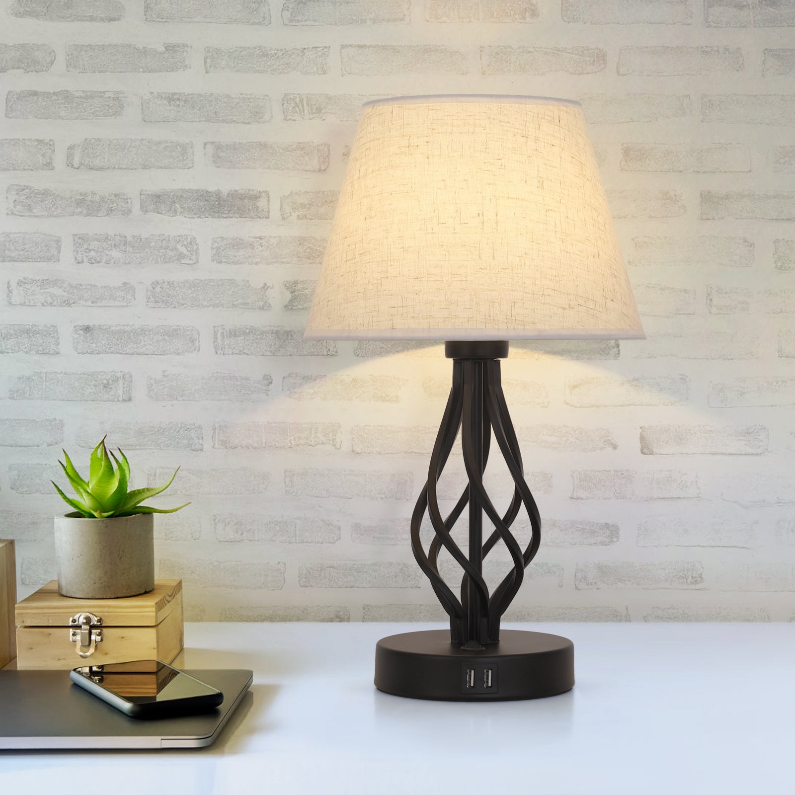 Modern Wrought Iron Scroll USB Table Lamps (Set of 2)，Spiral Base Bedside Lights for Living Room.