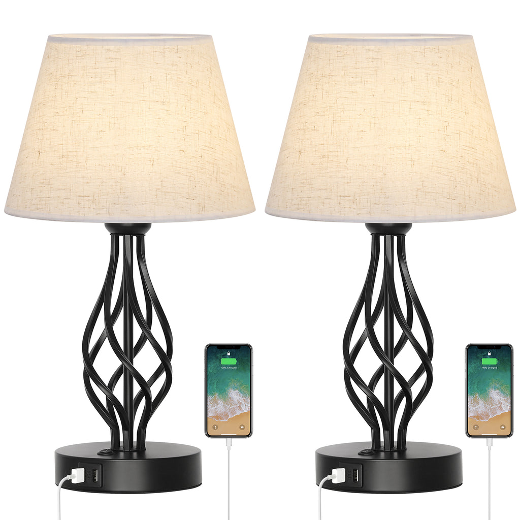 Modern Wrought Iron Scroll USB Table Lamps (Set of 2)，Spiral Base Bedside Lights for Living Room.