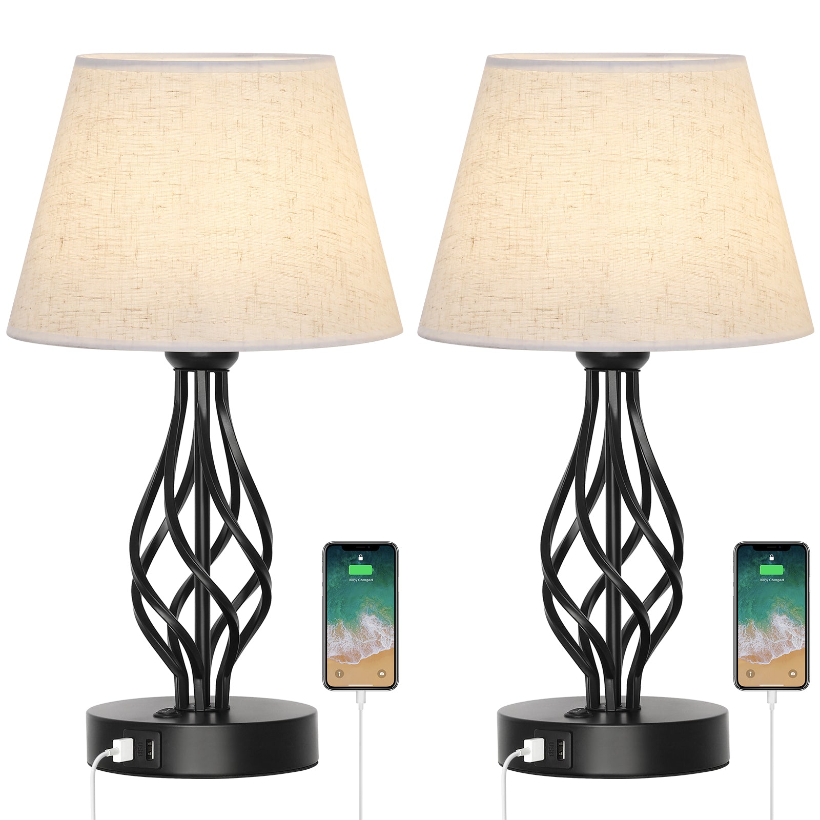 Modern Wrought Iron Scroll USB Table Lamps (Set of 2)，Spiral Base Bedside Lights for Living Room.