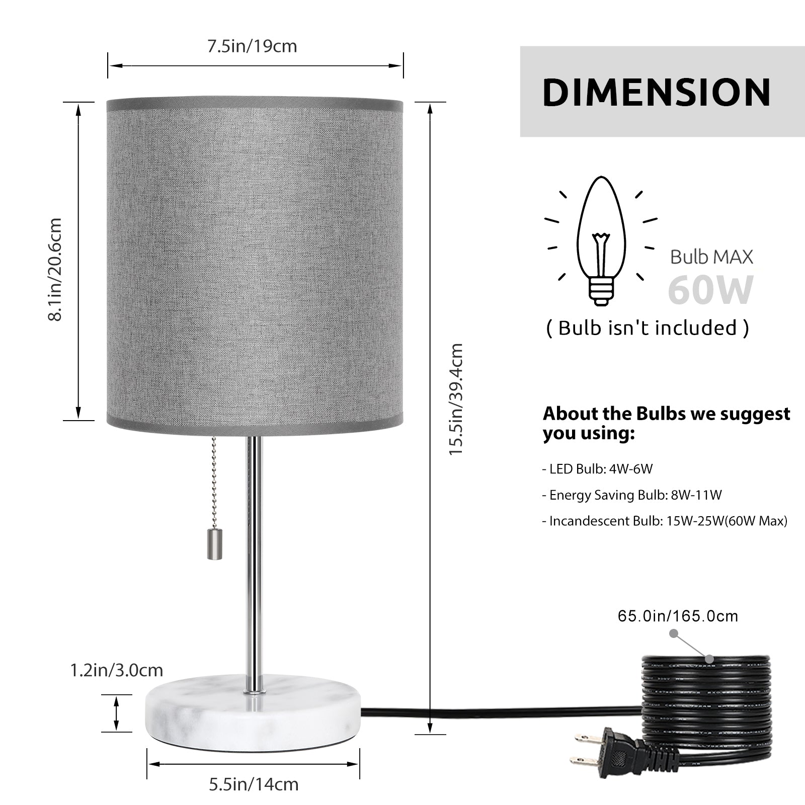 Modern Marble Base Bedside Lamp with Grey Shade， Elegant Nightstand Lamp for High-End Interiors.