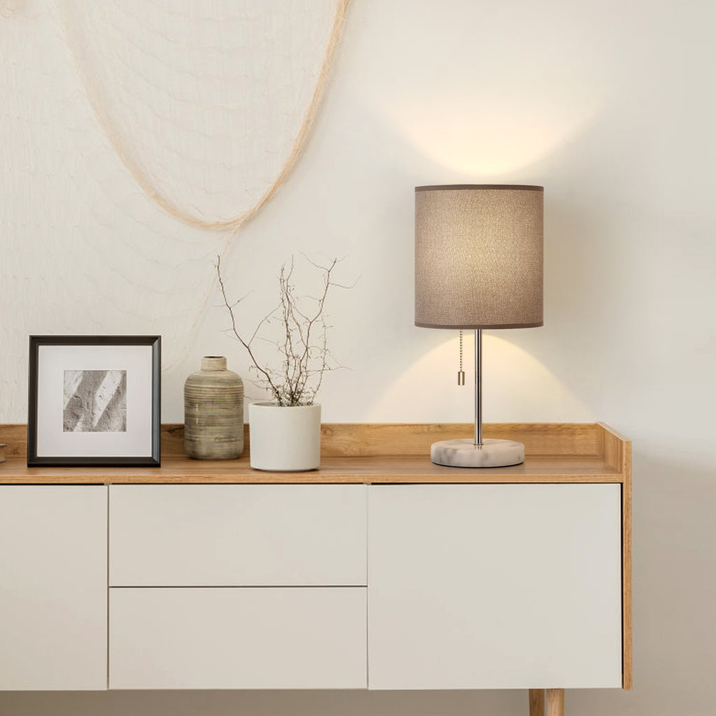 Modern Marble Base Bedside Lamp with Grey Shade， Elegant Nightstand Lamp for High-End Interiors.
