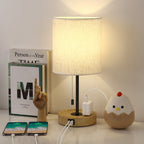 Multifunctional Wood Base USB Bedside Lamp， Table Lamp with Dual USB Ports and AC Outlet.