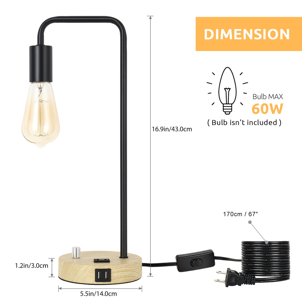 Industrial Pipe USB Desk Lamp with Wood Base， Retro Bedside Lamp with 2 USB Ports and AC Outlet.