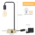 Industrial Pipe USB Desk Lamp with Wood Base， Retro Bedside Lamp with 2 USB Ports and AC Outlet.