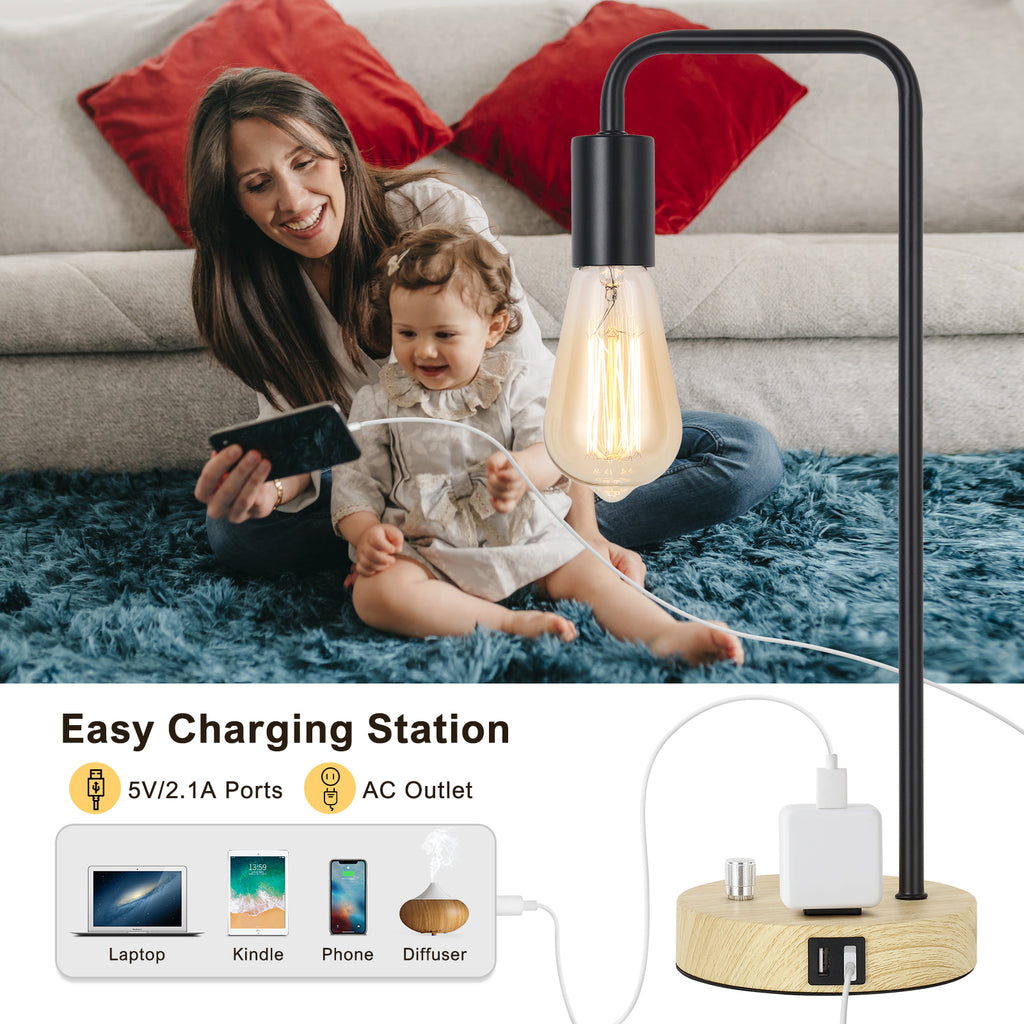 Industrial Pipe USB Desk Lamp with Wood Base， Retro Bedside Lamp with 2 USB Ports and AC Outlet.