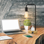 Industrial Pipe USB Desk Lamp with Wood Base， Retro Bedside Lamp with 2 USB Ports and AC Outlet.