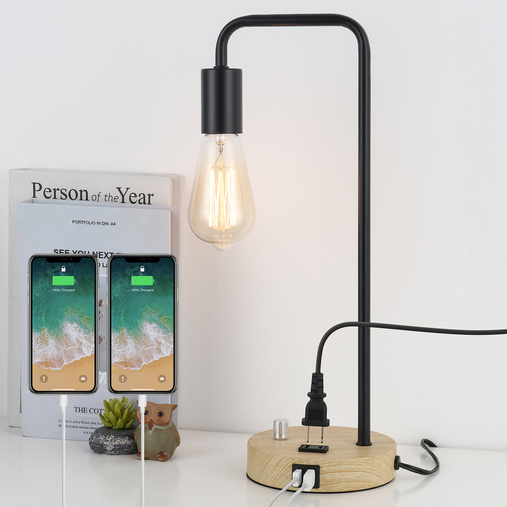 Industrial Pipe USB Desk Lamp with Wood Base， Retro Bedside Lamp with 2 USB Ports and AC Outlet.
