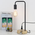 Industrial Pipe USB Desk Lamp with Wood Base， Retro Bedside Lamp with 2 USB Ports and AC Outlet.