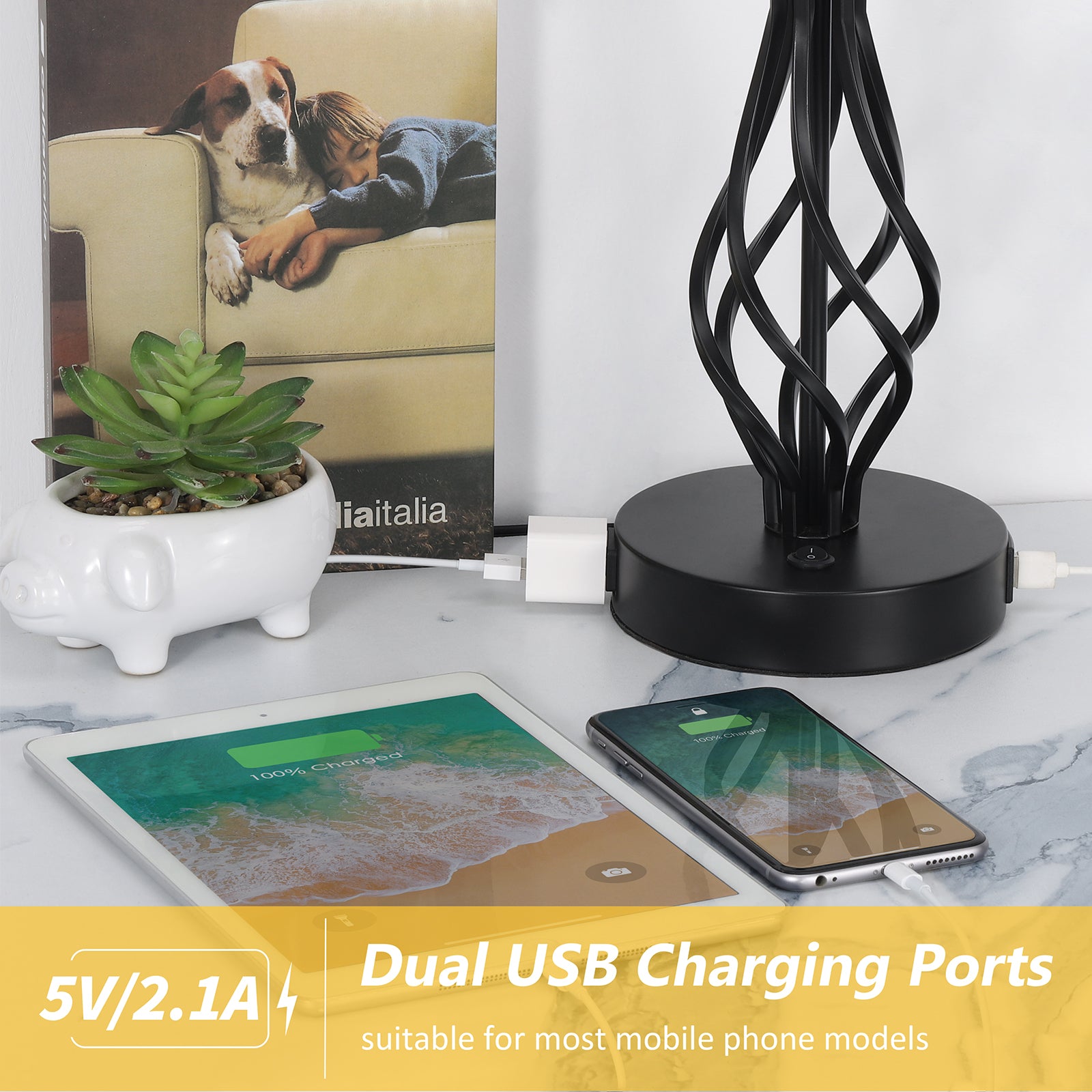 Traditional Table Lamps with Wrought Iron Spiral Base (Set of 2)，Classic Nightstand Lights for Living Room.