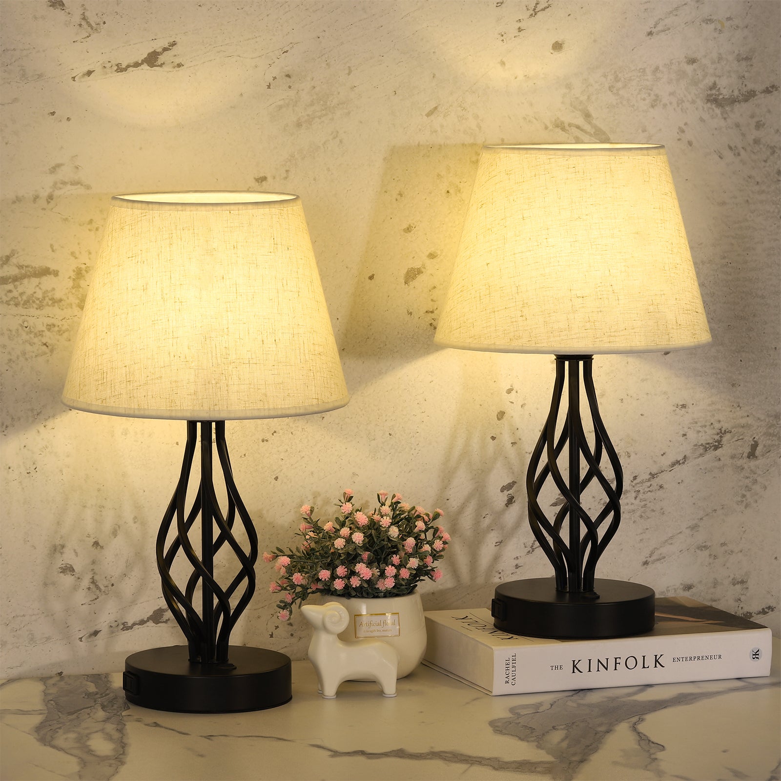 Traditional Table Lamps with Wrought Iron Spiral Base (Set of 2)，Classic Nightstand Lights for Living Room.