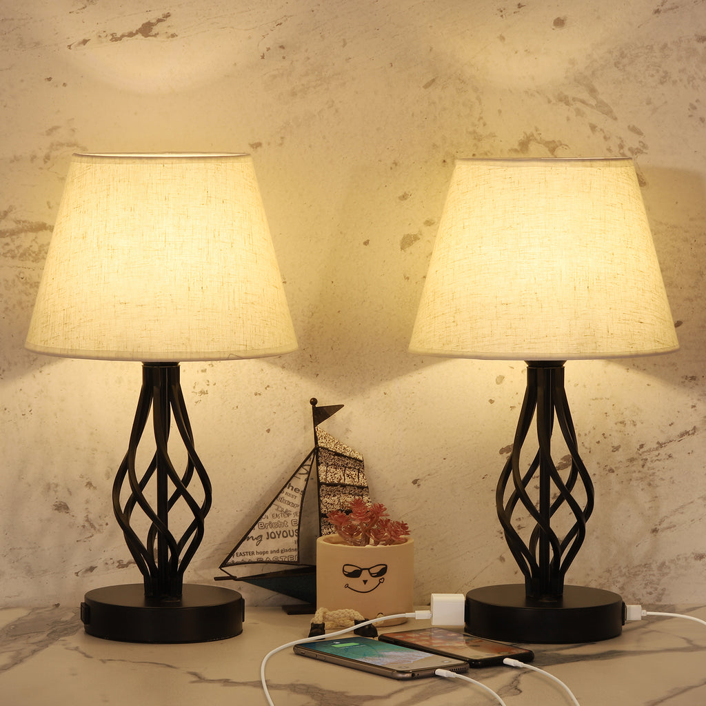 Traditional Table Lamps with Wrought Iron Spiral Base (Set of 2)，Classic Nightstand Lights for Living Room.