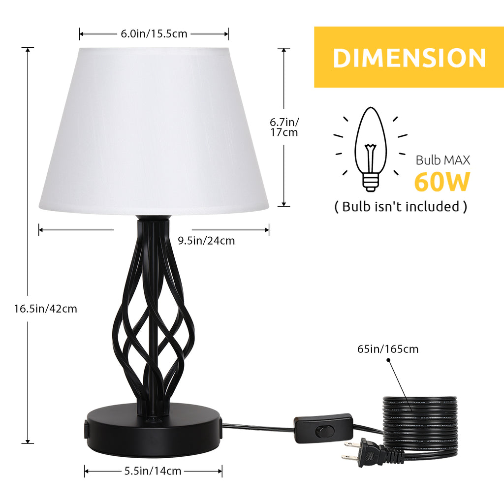 Modern White Fabric USB Bedside Lamps (Set of 2)， Small Table Lamps with Charging Ports.