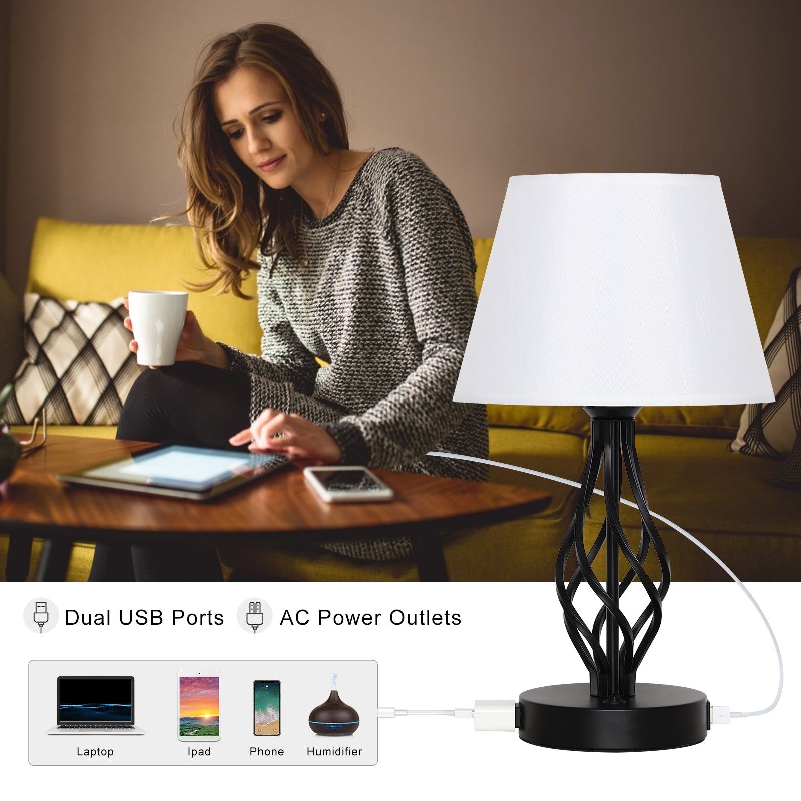 Modern White Fabric USB Bedside Lamps (Set of 2)， Small Table Lamps with Charging Ports.