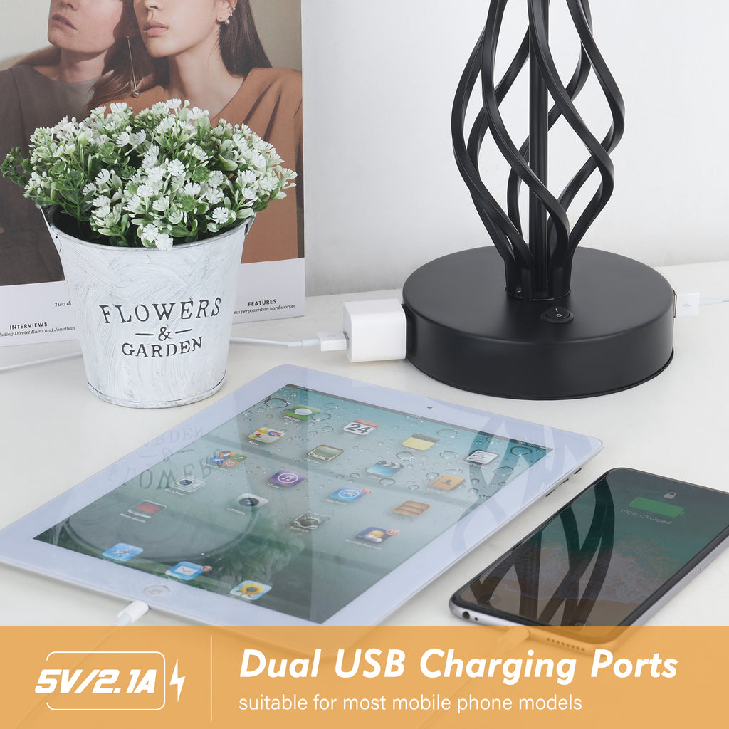 Modern Grey Fabric USB Table Lamps (Set of 2)， Nightstand Lamps with AC Outlet and Dual Ports.