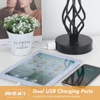 Modern Grey Fabric USB Table Lamps (Set of 2)， Nightstand Lamps with AC Outlet and Dual Ports.
