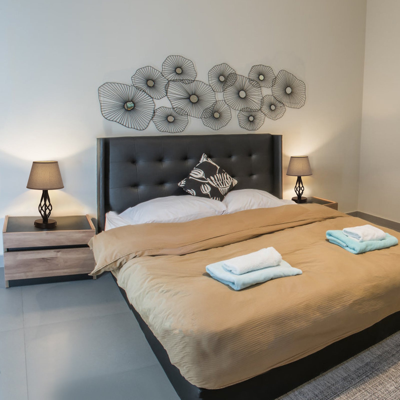 Modern Grey Fabric USB Table Lamps (Set of 2)， Nightstand Lamps with AC Outlet and Dual Ports.